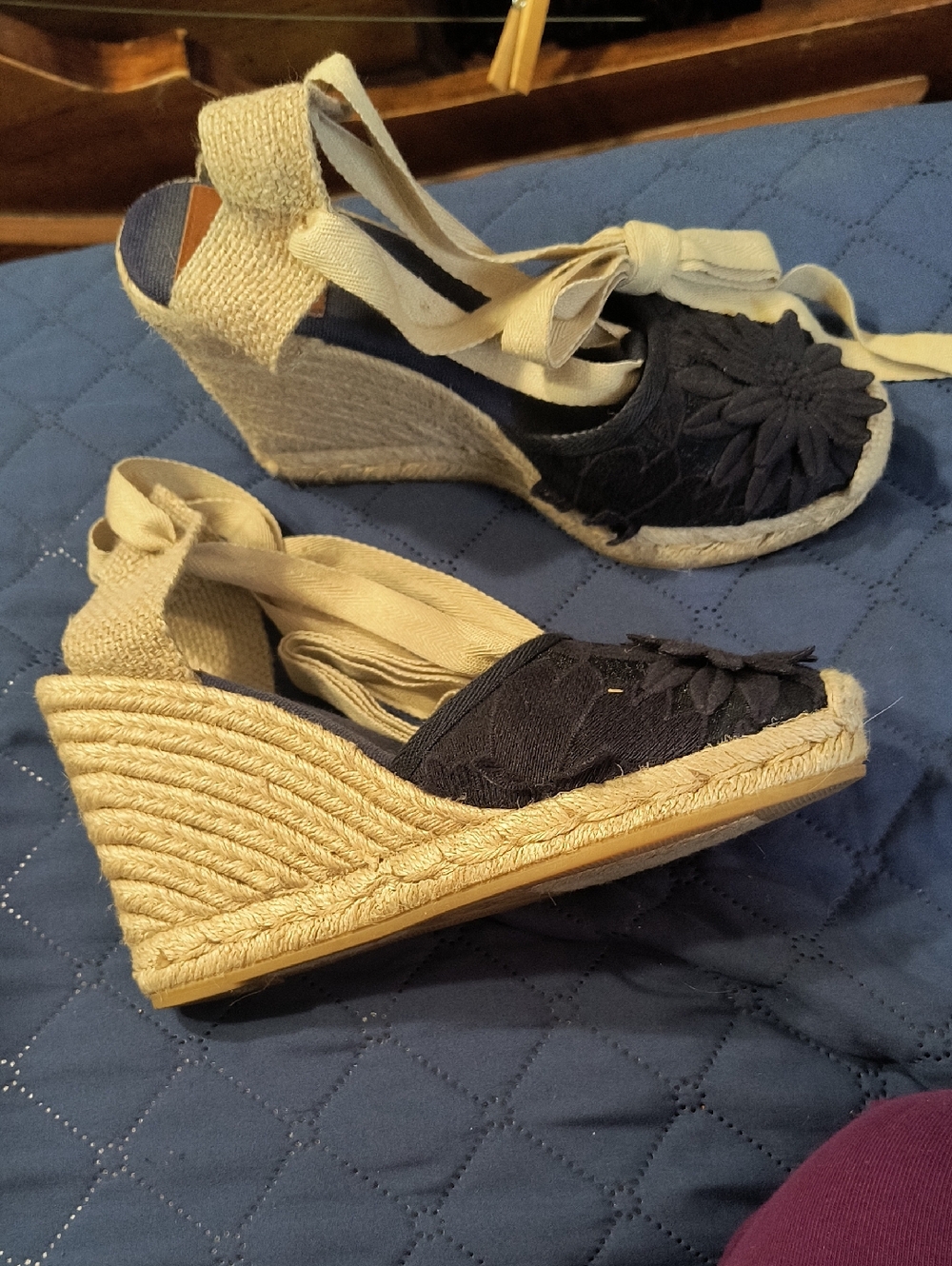 Tory Burch Navy and Cream Espadrille Wedge Sandals, Like New